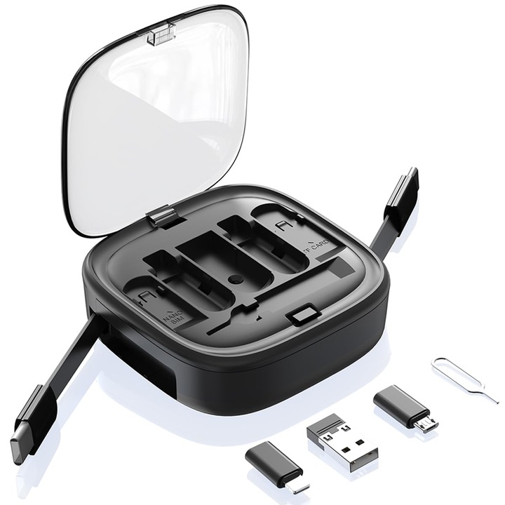 Cablu de date 6 in 1, Multifunctional, Organizator cabluri, Incarcare rapida 60W, Suport de telefon cu adaptor compatibil cu USB, Type-C, Lightning, Micro-USB, lungime maxima 100 centimetri, Negru