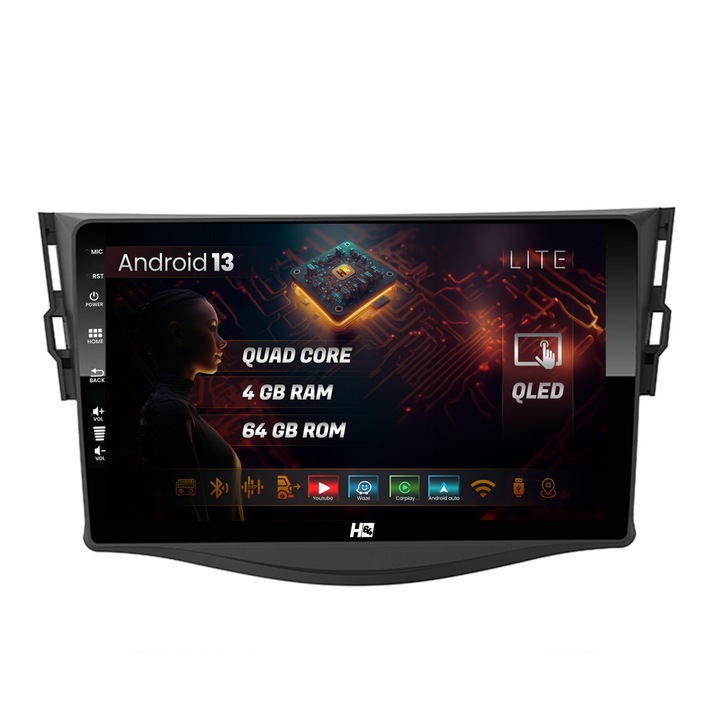 Navigatie HUB64 Toyota RAV4 (2006-2013), 4GB RAM, Android 13, Quadcore, DSP, GPS, Wi-FI, Carplay, Android Auto, USB, Bluetooth, Waze, Touchscreen, 9 inch