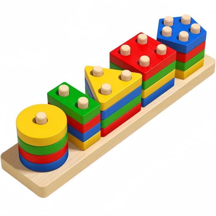 Комплект дървени геометрични кубчета Монтесори, 20 форми, многоцветни, 6x29см