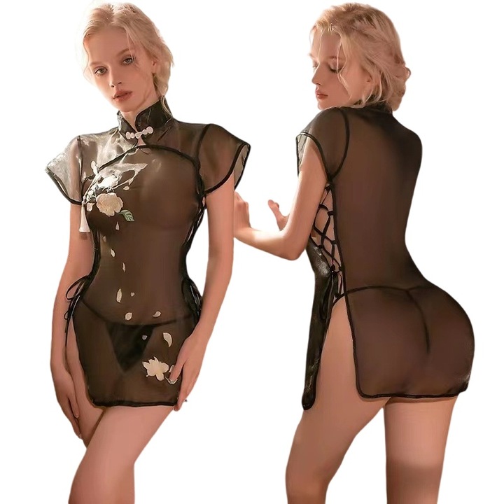 Комплект секси бельо за дами от 2 части, Горнище от тюл, Прашки, Странично разделение, Китайски стил, Черно, Един размер