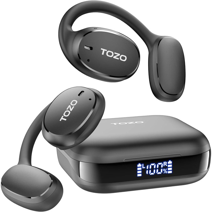 Casti True Wireless Open-Ear Sport TOZO® OpenEgo 16.2mm Dynamic Driver, Active Noise Cancelling, Seamless Touch, Bluetooth 5.3, Directional Sound, Microfon Dublu, 32 Moduri EQ, Autonomie 30h, Smart LED, Type-C, Black Mirage