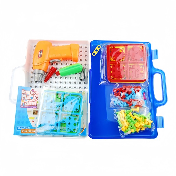 Oktató építőjáték készlet, 3D puzzle, összeszerelés elektromos csavarhúzóval, 237 db, többszínű, 30,8x26,5x6cm