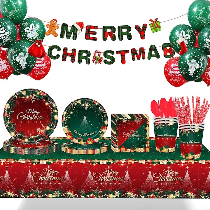 Комплект от 119 части, Cyrax, за коледна маса, чинии 18 см, чинии 23 см, чаши, салфетки, прибори за хранене, покривка за маса, гирлянд, сламки, червено/зелено