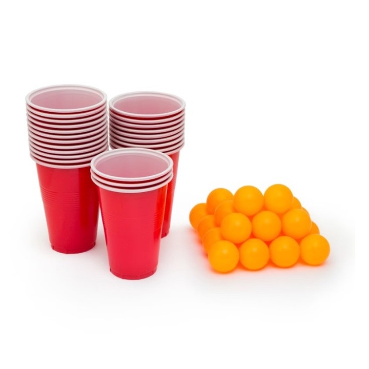 Игра за пиене Beer Pong, OPTIM SOLUTION, 24 чаши, 24 топки, за многократна употреба, преносима, червена