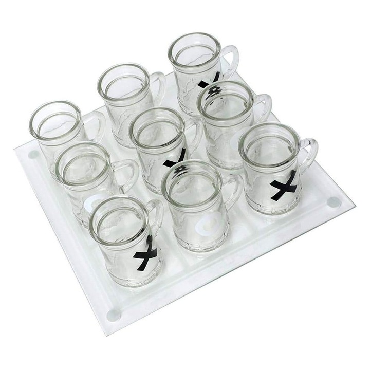 Joc X si 0 din sticla cu Mini Halbe din Sticla, OPTIM SOLUTION, 9 Pahare de Shot, Adauga Extra Reguli, 25 x 25 cm, Combinatii Surprinzatoare, Creative Shot, Transparent