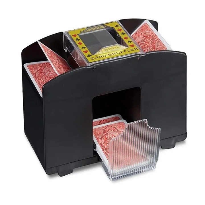 Устройство за разбъркване на карти за игра, Optim Solution, Автоматично, Едновременно разбъркване на два пакета карти, 20,5 x 10 x 8,5 cm, Бързо, Ефективно, Черно