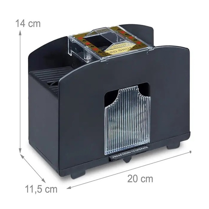 Устройство за разбъркване на карти за игра, Optim Solution, Автоматично, Едновременно разбъркване на два пакета карти, 20,5 x 10 x 8,5 cm, Бързо, Ефективно, Черно