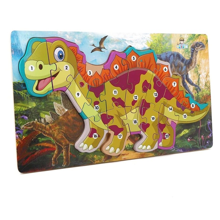 Puzzle 3D dinozaur Stegozaur, Lemn, 40 x 22.5 cm, Multicolor