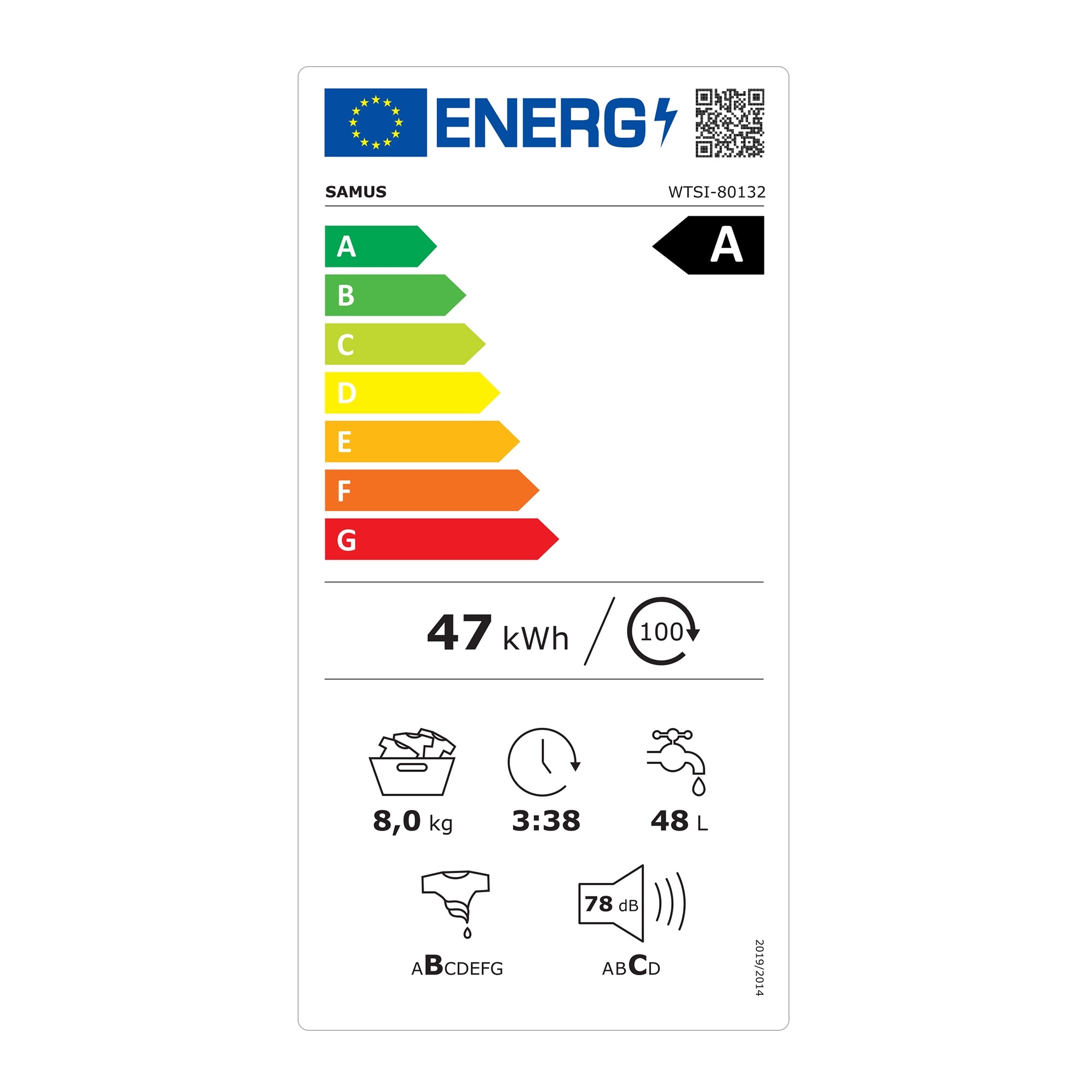 Masina de spalat rufe verticala Samus WTSI-80132, 8 kg, 1300 rpm, Motor Inverter, 15 programe, latime 40 cm, Programe speciala Hygiene, Blugi, Blocare acces copii, auto-echilibrare tambur, Alba