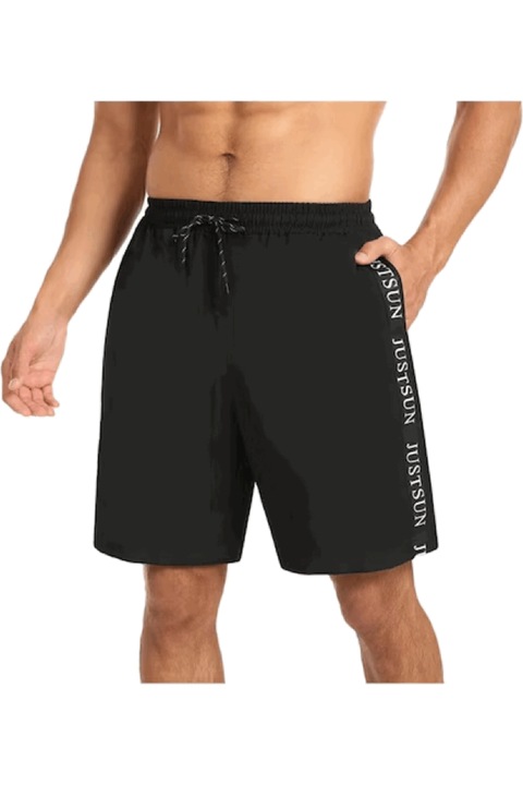 Pantaloni scurti de baie pentru barbati, JustSun, cu snur si buzunare, uscare rapida, pentru inot, plaja si sport, Negru, Negru
