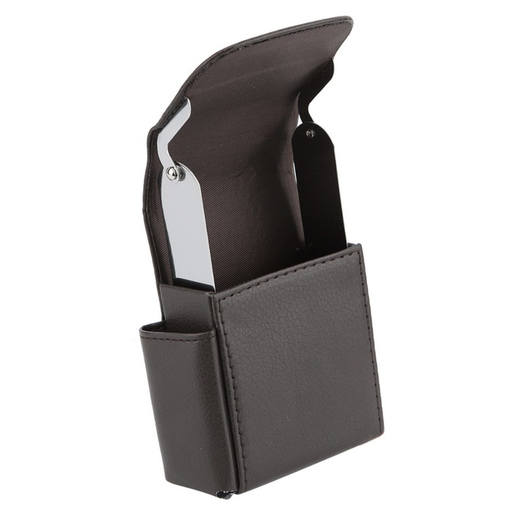 Husa pentru pachetul de tigari, atasat buzunar bricheta, PU/Inox, 11x5x3.5cm, negru