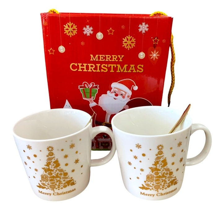 Set Cutie cu 2 Cani Ceramica si Lingurite, model Craciun, 300ml