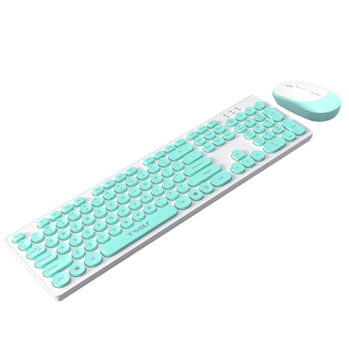 Комплект клавиатура и мишка, удобна и безшумна, 2.4G безжична, светлинни индикатори, съвместима с няколко системи, светло син