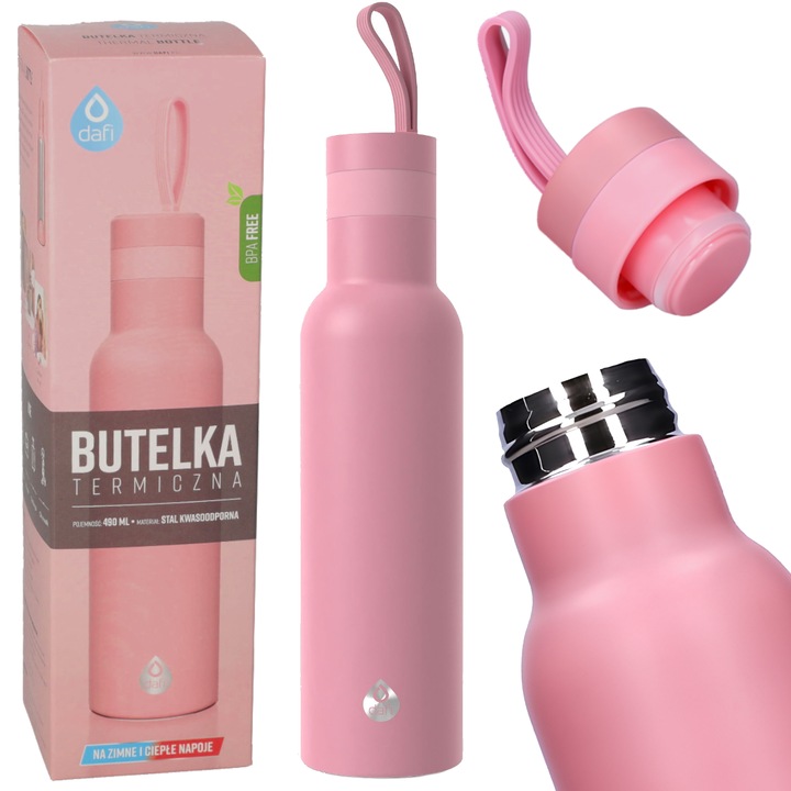 Termos Dafi Easy, Fara BPA, Otel, Compatibil Suport Pahare, Design Modern, roz/Roz pastel, 490ml