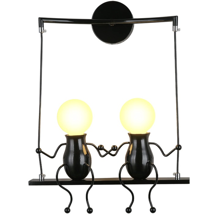 Aplica Minimalista din Fier cu Figurina Mica, Lampa de Perete cu Desene Animate Creative, E27, 35*48 cm, Negru