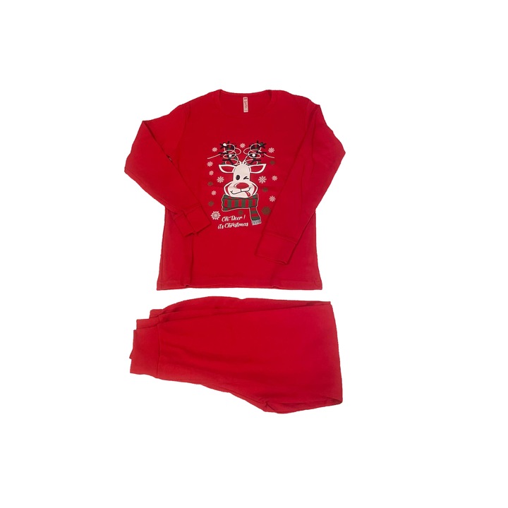 Pijama copii, cu tematica de Craciun, imprimeu cu renul lui Mos Craciun, Rudolf