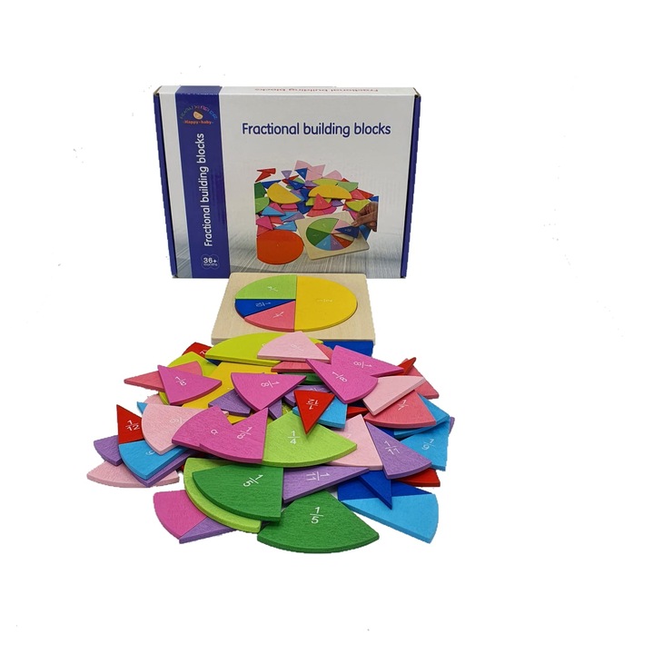 Joc tangram din lemn, fractii, dimensiune 24.5cm x 18.5cm x 4cm, REC2799