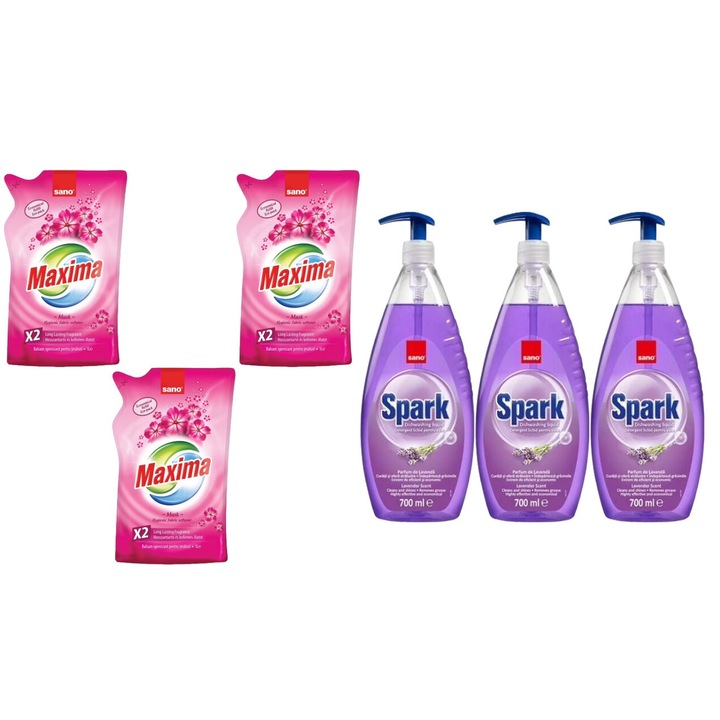 Set Sano Variety 6 x Componente, 3 x Balsam Rufe 1L Musk, 3 x Detergent Vase 700ml Spark Lavanda, rapid si eficient, usor de aplicat, testat dermatologic, prospetime de lunga durata, elimina mirosuri neplacute