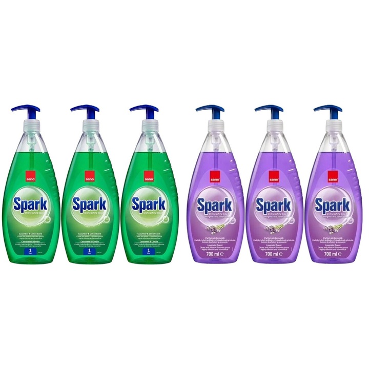 Set Sano Variety 6 x Componente, 3 x Detergent Vase 1L Spark Castravete Lemon, 3 x Detergent Vase 700ml Spark Lavanda, rapid si eficient, usor de aplicat, testat dermatologic, prospetime de lunga durata, elimina mirosuri neplacute