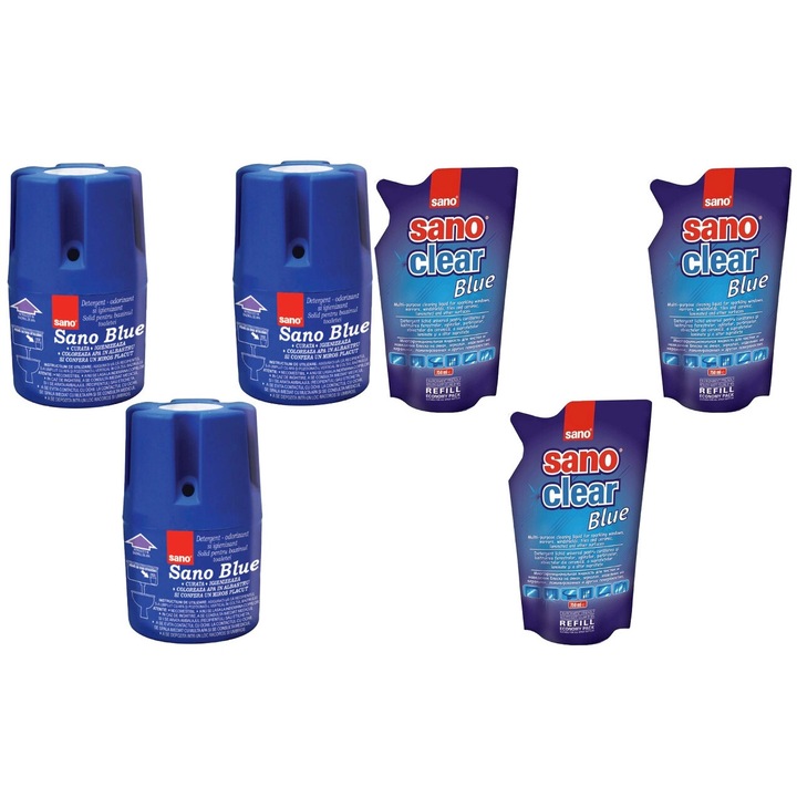 Set Sano Variety 6 x Componente, 3 x Odorizant Wc Bazin 150G Blue, 3 x Solutie Geam Rezerva 750ml Blue, rapid si eficient, usor de aplicat, testat dermatologic, prospetime de lunga durata, elimina mirosuri neplacute
