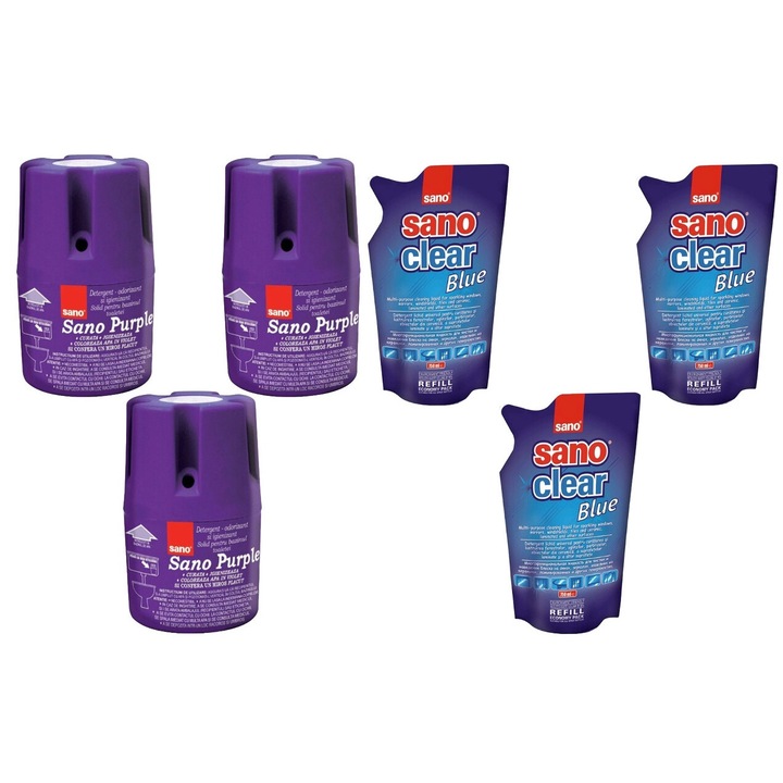Set Sano Variety 6 x Componente, 3 x Odorizant Wc Bazin 150G Purple, 3 x Solutie Geam Rezerva 750ml Blue, rapid si eficient, usor de aplicat, testat dermatologic, prospetime de lunga durata, elimina mirosuri neplacute