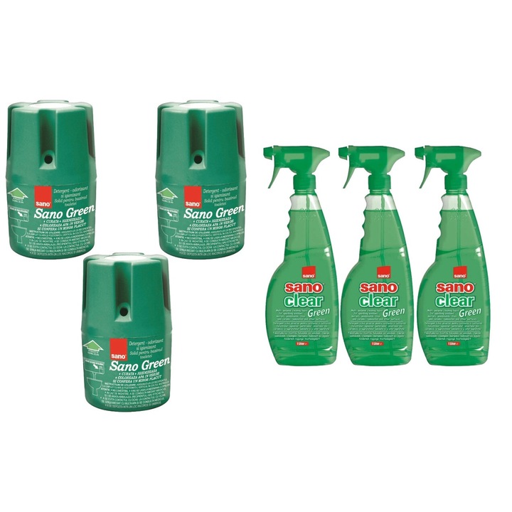 Set Sano Variety 6 x Componente, 3 x Odorizant Wc Bazin 150G Green, 3 x Solutie Geam 1L Green, rapid si eficient, usor de aplicat, testat dermatologic, prospetime de lunga durata, elimina mirosuri neplacute