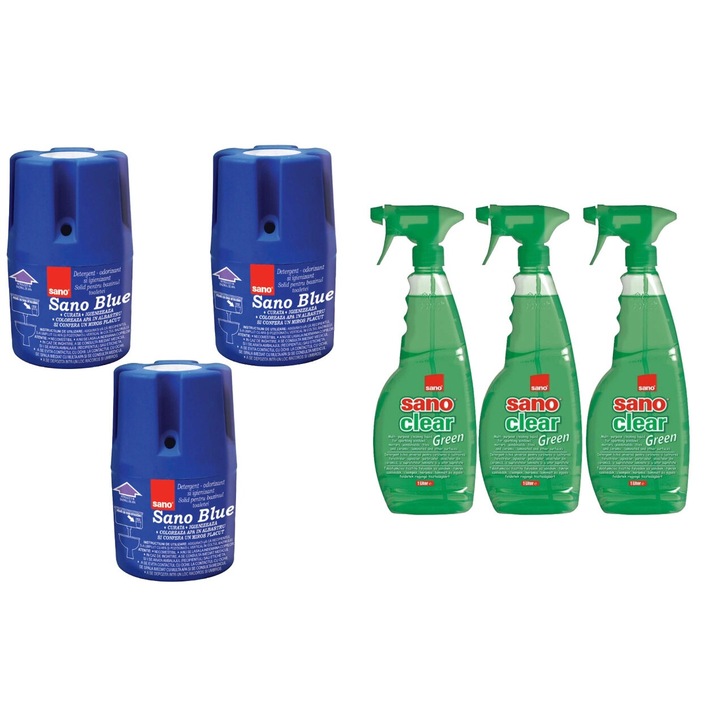 Set Sano Variety 6 x Componente, 3 x Odorizant Wc Bazin 150G Blue, 3 x Solutie Geam 1L Green, rapid si eficient, usor de aplicat, testat dermatologic, prospetime de lunga durata, elimina mirosuri neplacute