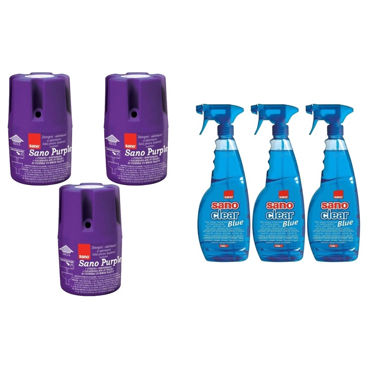 Set Sano Variety 6 x Componente, 3 x Odorizant Wc Bazin 150G Purple, 3 x Solutie Geam 1L Blue, rapid si eficient, usor de aplicat, testat dermatologic, prospetime de lunga durata, elimina mirosuri neplacute