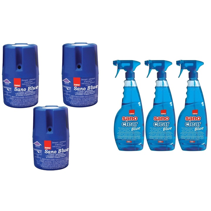 Set Sano Variety 6 x Componente, 3 x Odorizant Wc Bazin 150G Blue, 3 x Solutie Geam 1L Blue, rapid si eficient, usor de aplicat, testat dermatologic, prospetime de lunga durata, elimina mirosuri neplacute