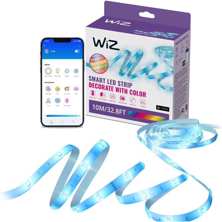 Banda LED RGBW inteligenta WiZ Connected, Matter, Wi-Fi, Bluetooth, 10W, IP20, sincronizare muzica, control vocal, 10m