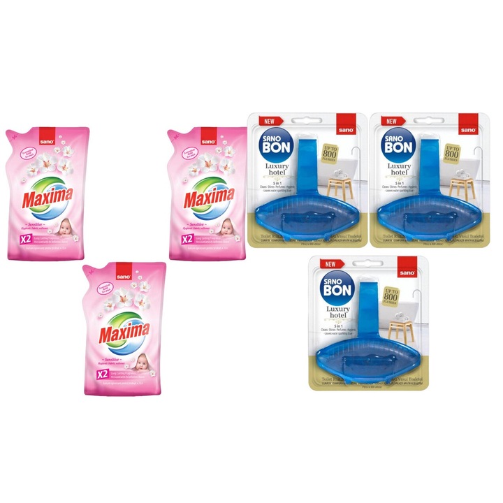 Set Sano Variety 6 x Componente, 3 x Balsam Rufe 1L Sensitive, 3 x Odorizant Wc 55G Luxury Hotel, rapid si eficient, usor de aplicat, testat dermatologic, prospetime de lunga durata, elimina mirosuri neplacute