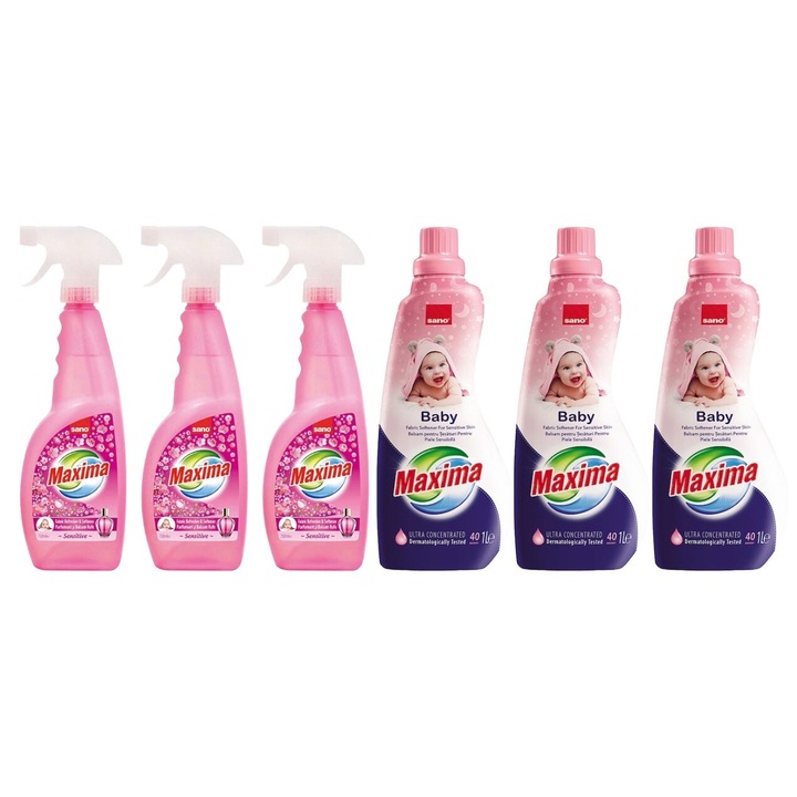 Set Sano Variety 6 x Componente, 3 x Balsam Rufe 750ml Pistol Sensitive, 3 x Balsam Rufe Parfume Colection 1L Sensitive 40 Spalari, ingrijire delicata a tesaturilor, protectie impotriva uzurii, protectie impotriva calcarului, alergeni redusi