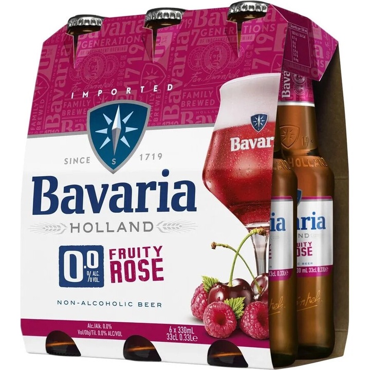Bere cu aroma Fructe Rosii, 0% Alcool, 6 x 0.33 L, Bavaria