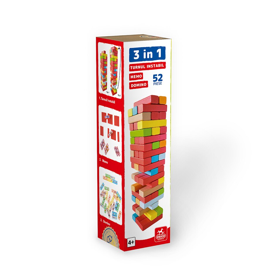Joc de societate 3 in 1 Deico Games, Turnul Instabil, Memo si Domino
