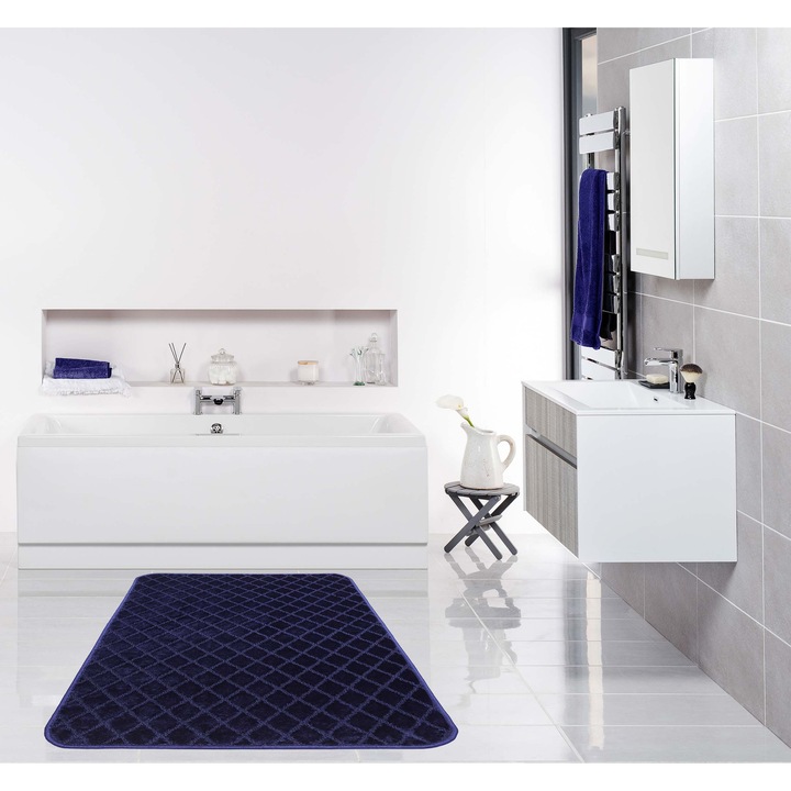 Covor, elSimone, 100 x 150 cm, Bleumarin, Luxus, Baie, 3D, Mare, Moale, Antiderapant, Rezistent, Estetic, Confort Picioare Goale, Culori Moderne, Siguranta Dus, Practic