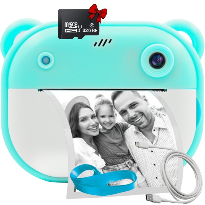 Aparat foto instant SMARTIC®, rezolutie Full HD 1080p, baterie 1200mAh, ecran 2.0 inch, card memorie 32 GB, functie de printare instant, jocuri integrate, MP3, mod selfie, USB type-C, turcoaz