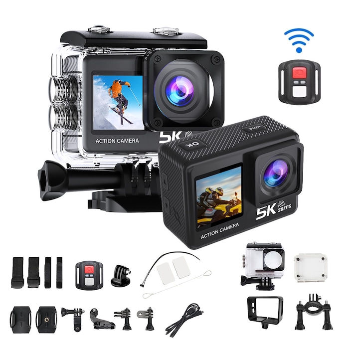 Спортна видеокамера LikeSmart eXtreme Action 5K Ultra HD, сензор SONY, електронна стабилизация, 170° FOV, 50MP, WiFi, двоен дисплей, сензорен екран, 30M водоустойчив калъф, дистанционно управление, множество аксесоари