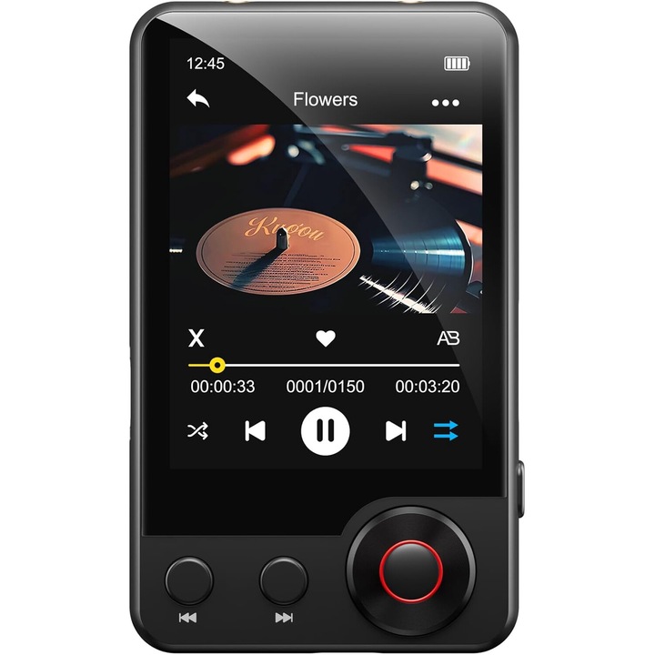 MP3 lejátszó 128 GB Bluetooth 5.3-al, 2,4 hüvelykes érintőképernyő, dupla hangkimenet, HiFi Lossless, beépített hangszóró, kereső funkció, FM rádió, felvevő, Ebook, fekete