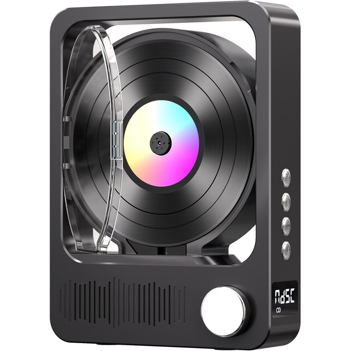 Плейър HiFi CD с Bluetooth 5.3, Преносим, дистанционно управление, вграден високоговорител, LED дисплей, слот за карта, AUX, преносим, с 2500 mAh батерия, черен