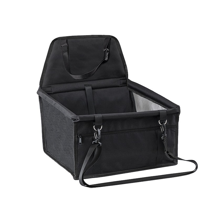 Столче за кола за домашни любимци, кучета и котки, с прикрепване към седалката и предпазен колан, Черно, 41x34x28см