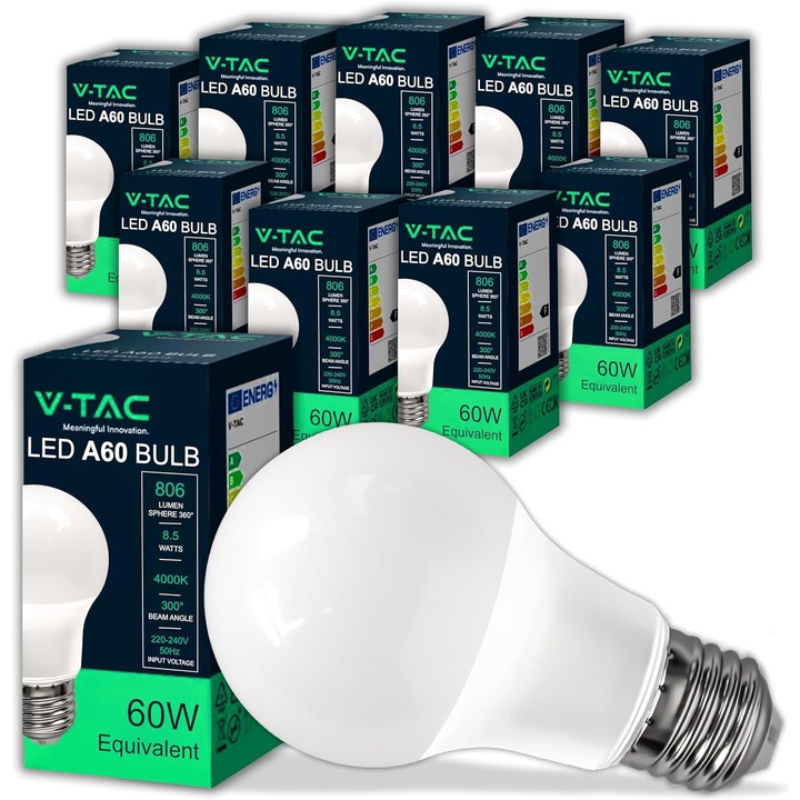 LED крушки, V-TAC, A60, цокъл E27, 8,5 W, топла бяла светлина 3000 K, 900 лумена, ъгъл на светене 200°, еквивалент на 60 W, Комплект от 10 бр.
