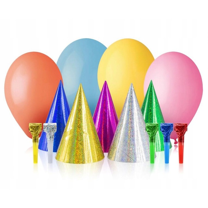 Godan partikészlet, 10 színes lufi, 10 holografikus kalap, 10 holografikus trombita
