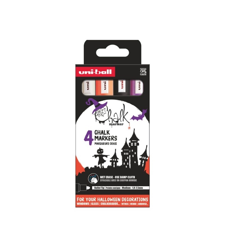Set 4x Marker cu creta UNI Chalk PWE-5M Halloween ASSF61, 1.8-2.5mm, portocaliu fluorescent, violet, negru, alb