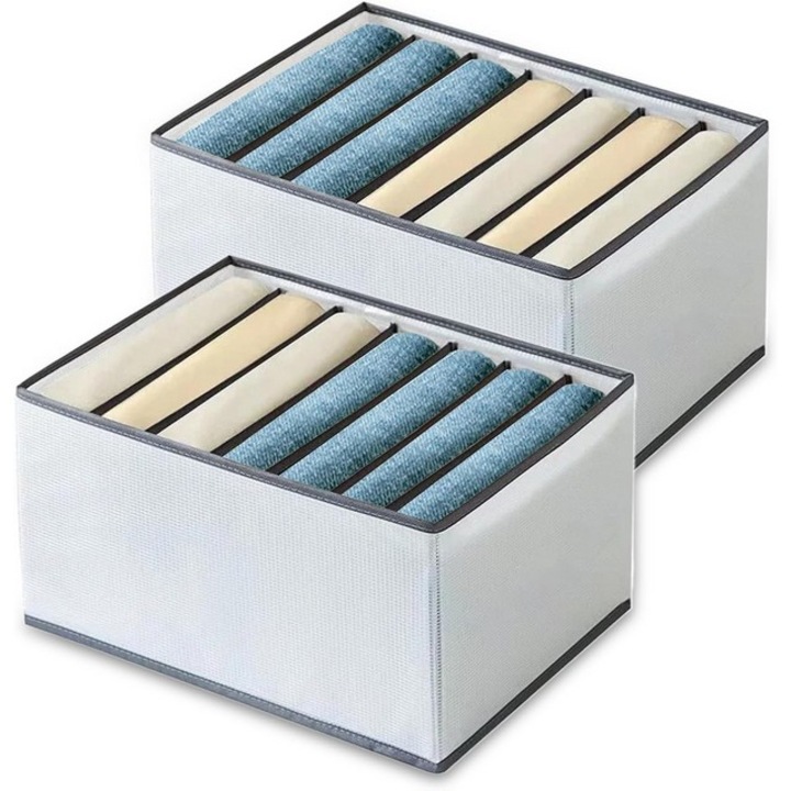 Szekrényrendező doboz, 7 rekeszes, összecsukható, fehér szürkével, 2 db-os készlet