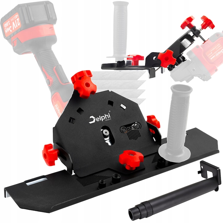 Slider adaptor pentru polizor unghiular Delphi TOOLS, taiere gresie si faianta la 45 grade, compatibil 115-125 mm, otel inoxidabil, reglare unghi si adancime, tub evacuare praf inclus