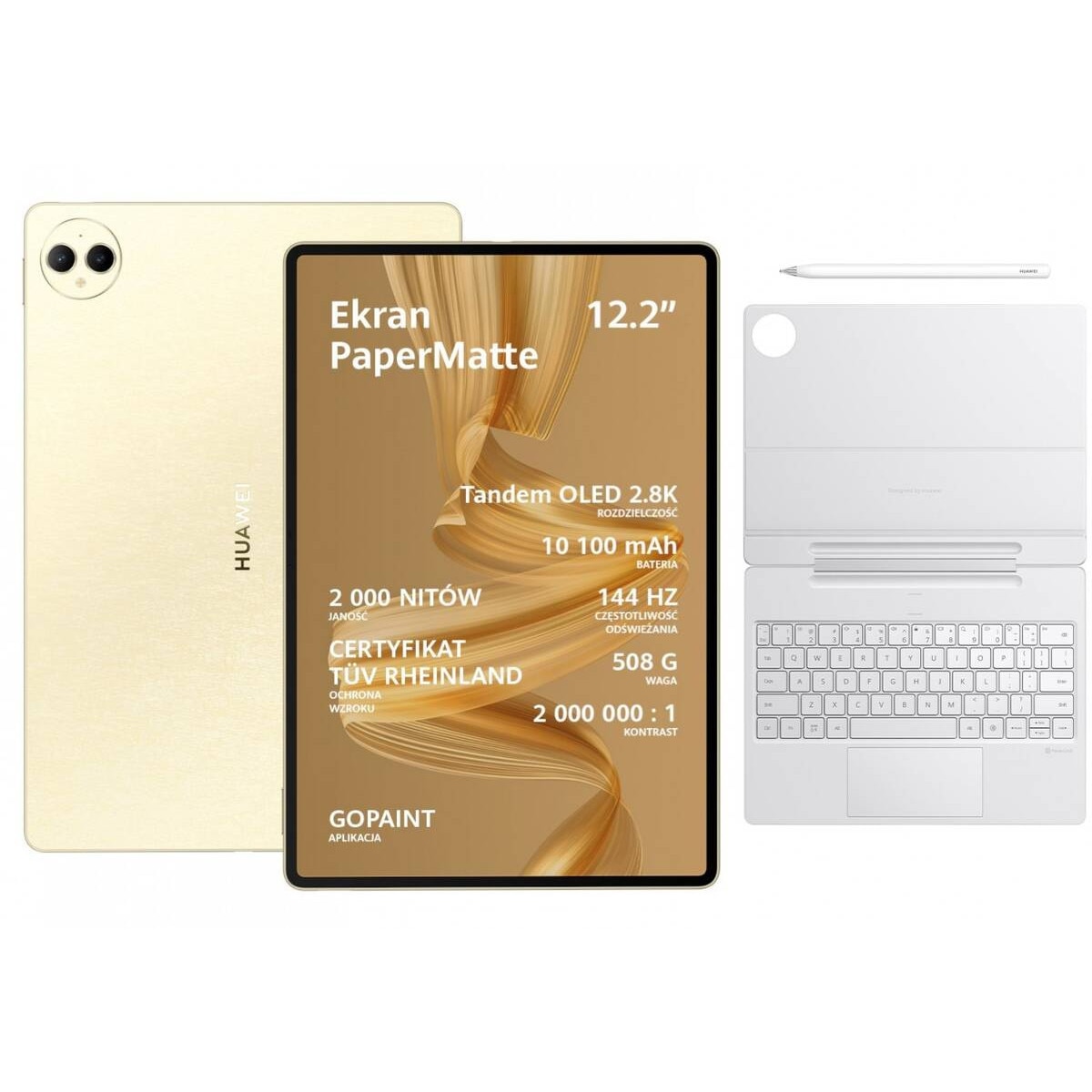 Tableta Huawei MatePad Pro 12.2", Ecran Tandem OLED PaperMatte 12.2", 12GB RAM, 512GB Flash, Wi-Fi, Bluetooth, GPS, Harmony OS, Tastatura + Stylus Auriu