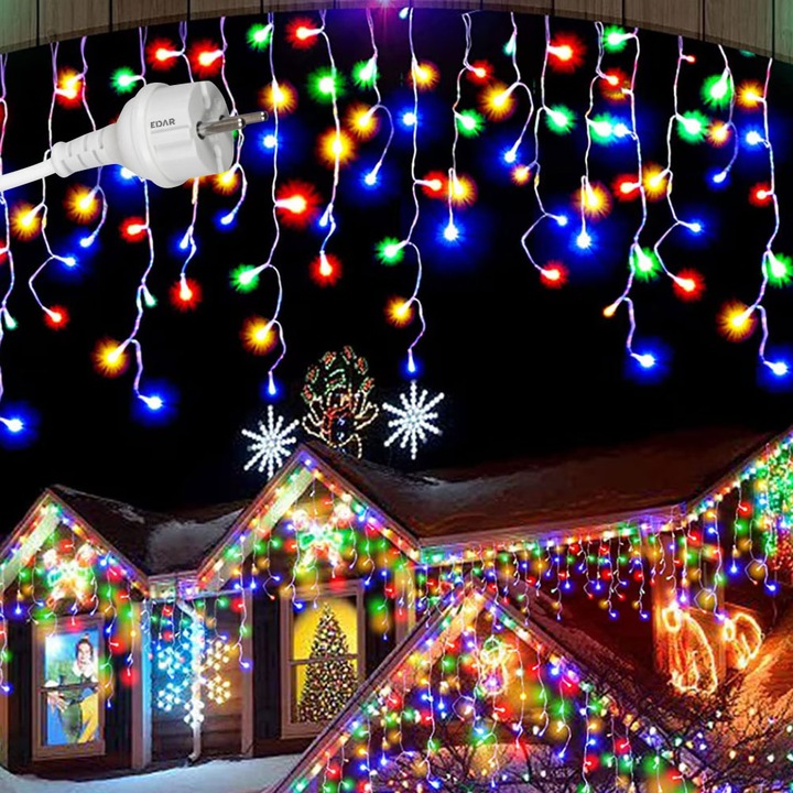 Ghirlanda Luminoasa Tip Franjuri EDAR, Instalatie De Craciun Perdea Pentru Exterior/Interior, 50m, 1000 Leduri, Fir Alb, Flash, Interconectabila, Un Mod De Lumina, Multicolora
