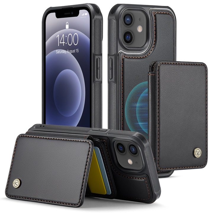 Husa pentru iPhone 12 Pro, iPhone 12, CaseMe, piele cu textura moale si aderenta in mana, back cover, mini portofel magnetic detasabil, slot carduri, functie stand, protectie RFID, Negru