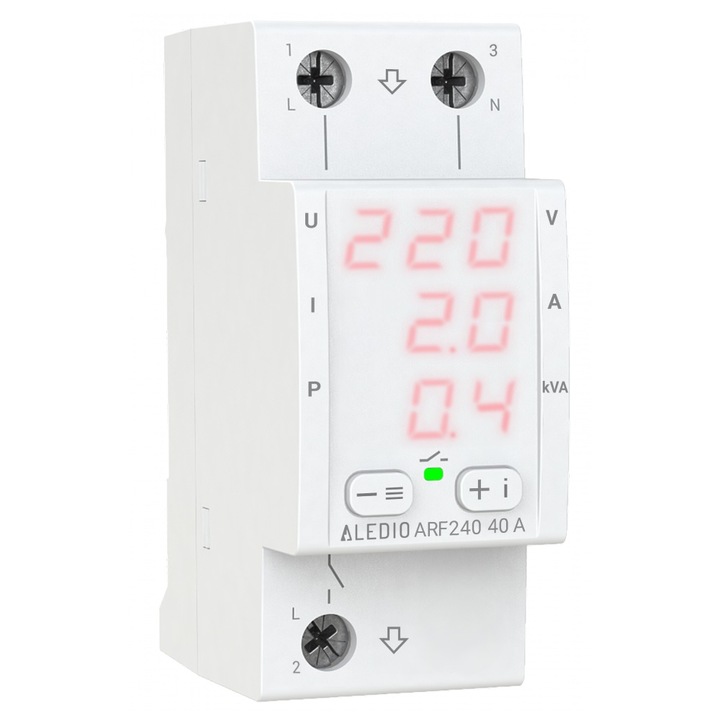 Releu de protectie muntifunctional monofazat, 40A, cu afisaj tensiune, curent, putere, Aledio ARF240