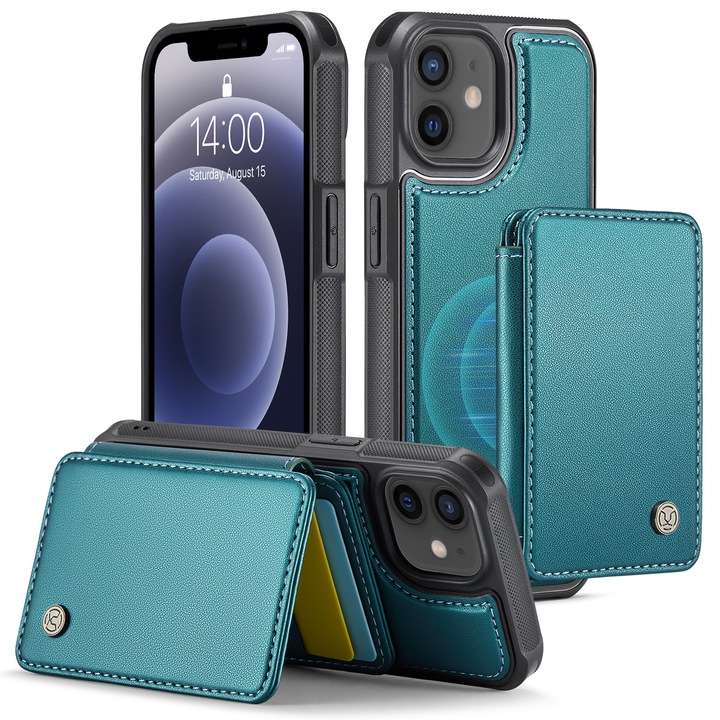 Husa pentru iPhone 12 Pro, iPhone 12, CaseMe, piele cu textura moale si aderenta in mana, back cover, mini portofel magnetic detasabil, slot carduri, functie stand, protectie RFID, Verde